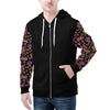 NerdyKeppie Stencil Roses Lightweight Lesbian Pride Zip Up Hoodie. A black hooded sweatshirt with zipper and two front pockets. This lesbian pride hoodie has a stencil roses design on its sleeves and inside its hood!.