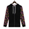 NerdyKeppie Stencil Roses Lightweight Lesbian Pride Zip Up Hoodie. A black hooded sweatshirt with zipper and two front pockets. This lesbian pride hoodie has a stencil roses design on its sleeves and inside its hood!.