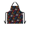 A person wearing a NerdyKeppie Stencil Roses Progress Pride Apron With Pocket. A black apron with a stencil roses design on it in progress pride colors. This gay pride pocket apron is made of durable 100% polyester.