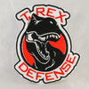 NerdyKeppie's T Rex Defense Embroidered Patch are stitched on black duck cloth and backed by sturdy vinyl fuse.