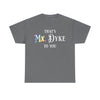 NerdyKeppie "That's Mx. Dyke To You" Cotton Rainbow Gay Pride Tee Shirt. A unisex cotton tee shirt with a "That's Mx. Dyke To You" design on it in rainbow pride colors. This gay pride tee shirt has a classic fit.