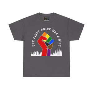 NerdyKeppie "The First Pride Was A Riot" Cotton More Color More Pride Tee Shirt. A unisex cotton tee shirt with a "The First Pride Was A Riot" design on it in Philly Pride colors. This More Color More Pride pride tee shirt has a classic fit.