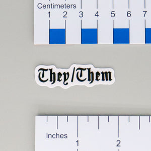 NerdyKeppie Old English Pronoun Sticker. Our NerdyKeppie Old English Pronoun Stickers come on a sturdy matte white vinyl, printed with your choice of pronouns in black Old English text. Our Old English Pronoun Stickers ship from Portland, Oregon.