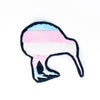 NerdyKeppie's Trans BONEYARD Kiwi Embroidered Pride Patch are shaped like their namesake and stitched on black duck cloth!