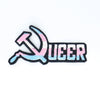NerdyKeppie's Trans BONEYARD "Queer" Hammer & Sickle Embroidered Pride Patch are stitched on black duck cloth and backed by sturdy vinyl fuse.