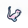 NerdyKeppie's Trans BONEYARD Velociraptor Embroidered Pride Patch are shaped like their namesake and stitched on black duck cloth!