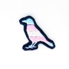 NerdyKeppie's Trans Crow Embroidered Pride Patch are shaped like their namesake and stitched on black duck cloth!