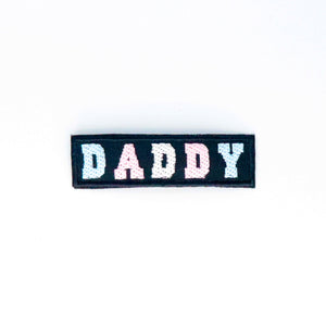 NerdyKeppie's Trans "Daddy" Embroidered Pride Patch are stitched on sturdy rectangular duck cloth and backed with vinyl fuse.