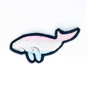 NerdyKeppie's Trans Dugong Embroidered Pride Patch are shaped like their namesake and stitched on black duck cloth!