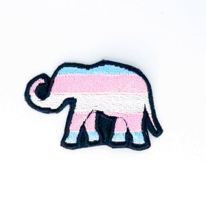 NerdyKeppie's Trans Elephant Embroidered Pride Patch are shaped like their namesake and stitched on black duck cloth!