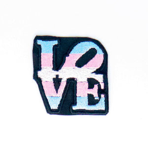 NerdyKeppie's Trans Philly LOVE Statue Embroidered Pride Patch are shaped like their namesake and stitched on black duck cloth!
