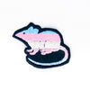 NerdyKeppie's Trans Rat Embroidered Pride Patch are shaped like their namesake and stitched on black duck cloth!