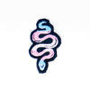 NerdyKeppie's Trans Snake Embroidered Pride Patch are shaped like their namesake and stitched on black duck cloth!