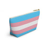 NerdyKeppie Transgender Flag Pride Zipper Pouch with T-Bottom. A zippered accessory/makeup bag featuring a t-bottom and a transgender flag pattern. This trans pride zipper pouch is fully lined and comes in two sizes.