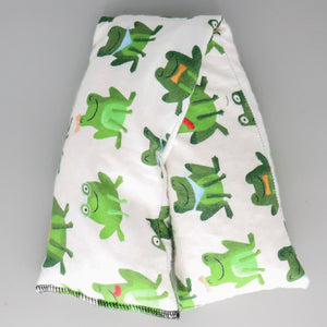 A NerdyKeppie Unusually Fashion-Conscious Frogs Flannel Heat & Cold Packs. A microwaveable heat and cold pack featuring a frog-themed design, great gift for frog-loving friends with, you know, achy joints and stuff.