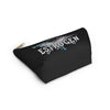 NerdyKeppie "We Built These Titties On Estrogen" Trans Pride Zipper Pouch with T-Bottom. A zippered pouch featuring a t-bottom and a "We Built These Titties On Estrogen" pattern in transgender pride colors. This pride zipper pouch is fully lined and comes in two sizes.