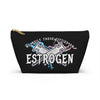 NerdyKeppie "We Built These Titties On Estrogen" Trans Pride Zipper Pouch with T-Bottom. A zippered pouch featuring a t-bottom and a "We Built These Titties On Estrogen" pattern in transgender pride colors. This pride zipper pouch is fully lined and comes in two sizes.