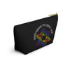 NerdyKeppie "We Will Outlive Them" Yiddish Rainbow Gay Pride Zipper Pouch with T-Bottom. A zippered accessory/makeup bag featuring a t-bottom and a "We Will Outlive Them" pattern in rainbow pride colors. This gay pride zipper pouch is fully lined and comes in two sizes.