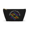 NerdyKeppie "We Will Outlive Them" Yiddish Rainbow Gay Pride Zipper Pouch with T-Bottom. A zippered accessory/makeup bag featuring a t-bottom and a "We Will Outlive Them" pattern in rainbow pride colors. This gay pride zipper pouch is fully lined and comes in two sizes.