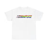 NerdyKeppie "Accomplice" Cotton Progress Pride Tee Shirt. A unisex cotton tee shirt with an "Accomplice" design on it in rainbow pride colors. This gay pride tee shirt has a classic fit.