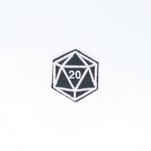 NerdyKeppie's White D20 Embroidered Patch are stitched on black duck cloth and backed by sturdy vinyl fuse.