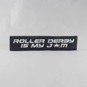 NerdyKeppie's White "Roller Derby Is My Jam" Embroidered Roller Derby Patches are stitched on sturdy rectangular duck cloth and backed with vinyl fuse.