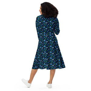 A person wearing a NerdyKeppie Wolf Pack Gay Men's Pride Long Sleeve Midi Dress With Pockets. 