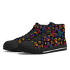 NerdyKeppie Stencil Roses Canvas High Top Rainbow Gay Pride Sneakers. A canvas high top sneaker with a Stencil Roses design on it in rainbow gay pride colors. These gay pride high top sneakers also come with white soles on request.