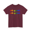 NerdyKeppie "oh gosh. oh geez." Cotton Midwest Rainbow Gay Pride Tee Shirt. A unisex cotton tee shirt with an "oh gosh. oh geez." design on it in rainbow pride colors. This gay pride tee shirt has a classic fit.