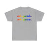 NerdyKeppie "oh gosh. oh geez." Cotton Midwest Rainbow Gay Pride Tee Shirt. A unisex cotton tee shirt with an "oh gosh. oh geez." design on it in rainbow pride colors. This gay pride tee shirt has a classic fit.