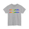 NerdyKeppie "oh gosh. oh geez." Cotton Midwest Rainbow Gay Pride Tee Shirt. A unisex cotton tee shirt with an "oh gosh. oh geez." design on it in rainbow pride colors. This gay pride tee shirt has a classic fit.