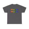 NerdyKeppie "oh gosh. oh geez." Cotton Midwest Rainbow Gay Pride Tee Shirt. A unisex cotton tee shirt with an "oh gosh. oh geez." design on it in rainbow pride colors. This gay pride tee shirt has a classic fit.
