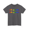 NerdyKeppie "oh gosh. oh geez." Cotton Midwest Rainbow Gay Pride Tee Shirt. A unisex cotton tee shirt with an "oh gosh. oh geez." design on it in rainbow pride colors. This gay pride tee shirt has a classic fit.