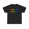 NerdyKeppie "oh gosh. oh geez." Cotton Midwest Rainbow Gay Pride Tee Shirt. A unisex cotton tee shirt with an "oh gosh. oh geez." design on it in rainbow pride colors. This gay pride tee shirt has a classic fit.