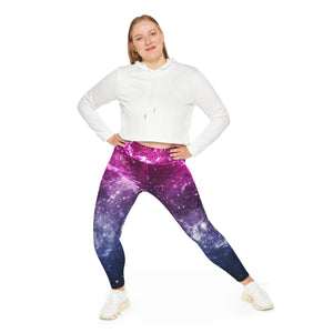A person wearing a NerdyKeppie Galaxy Bi Pride Plus Size Leggings. 