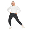 A person wearing a NerdyKeppie Source Code Trans Pride Plus Size Leggings. 