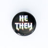 NerdyKeppie Metal Rainbow Pronoun Button. 
