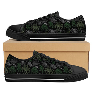 NerdyKeppie Octopus Consortium Canvas Low Top Aro Pride Sneakers. A canvas low top sneaker with an octopus consortium design on it in aromantic Pride colors. These low top Aro Pride sneakers go up to US Men’s 14!