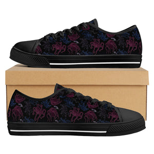 NerdyKeppie Octopus Consortium Canvas Low Top Bi Pride Sneakers. A canvas low top sneaker with an octopus consortium design on it in bisexual Pride colors. These low top Bi Pride sneakers go up to US Men’s 14!