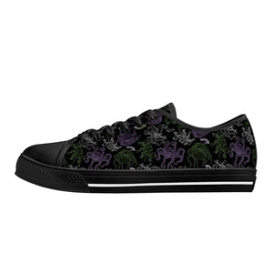 NerdyKeppie Octopus Consortium Canvas Low Top Genderqueer Pride Sneakers. A canvas low top sneaker with an Octopus Consortium design on it in genderqueer pride colors. These low top genderqueer pride sneakers go up to US Men’s 14!