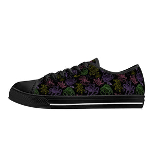 NerdyKeppie Octopus Consortium Canvas Low Top Lesbian Pride Sneakers. A canvas low top sneaker with an Octopus Consortium design on it in lesbian pride colors. These low top lesbian pride sneakers go up to US Men’s 14!