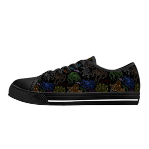 NerdyKeppie Octopus Consortium Canvas Low Top Progress Pride Sneakers. A canvas low top sneaker with an Octopus Consortium design on it in Progress pride colors. These low top Progress pride sneakers go up to US Men’s 14!