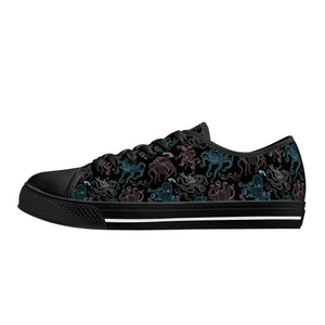 NerdyKeppie Octopus Consortium Canvas Low Top Trans Pride Sneakers. A canvas low top sneaker with an Octopus Consortium design on it in transgender pride colors. These low top trans pride sneakers go up to US Men’s 14!