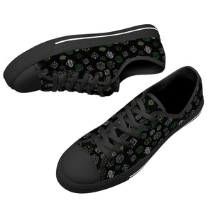 NerdyKeppie Scattered Dice Canvas Low Top Aro Pride Sneakers. A canvas low top sneaker with a scattered dice design on it in aromantic pride colors. These low top aro pride sneakers go up to US Men’s 14!