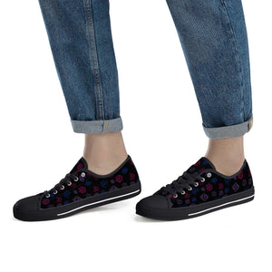 NerdyKeppie Scattered Dice Canvas Low Top Bi Pride Sneakers. A canvas low top sneaker with a scattered dice design on it in bisexual pride colors. These low top bi pride sneakers go up to US Men’s 14!