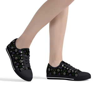 NerdyKeppie Scattered Dice Canvas Low Top Genderqueer Pride Sneakers. A canvas low top sneaker with a scattered dice design on it in genderqueer pride colors. These low top genderqueer pride sneakers go up to US Men’s 14!