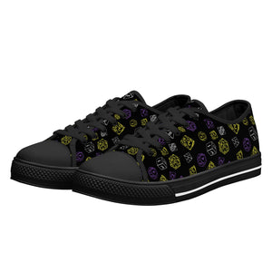 NerdyKeppie Scattered Dice Canvas Low Top Non-Binary Pride Sneakers. A canvas low top sneaker with a scattered dice design on it in Non-Binary Pride colors. These low top Non-Binary Pride sneakers go up to US Men’s 14!
