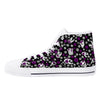 NerdyKeppie Scattered Skulls Canvas High Top Demisexual Pride Sneakers. Canvas high top sneaker with a demi pride scattered skulls and flowers design. These demisexual pride high top sneakers come with black soles on request.