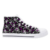NerdyKeppie Scattered Skulls Canvas High Top Demisexual Pride Sneakers. Canvas high top sneaker with a demi pride scattered skulls and flowers design. These demisexual pride high top sneakers come with black soles on request.