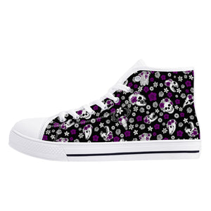 NerdyKeppie Scattered Skulls Canvas High Top Demisexual Pride Sneakers. Canvas high top sneaker with a demi pride scattered skulls and flowers design. These demisexual pride high top sneakers come with black soles on request.